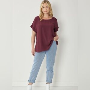 Entro Scoop Neck Blouse With Permanent Rolled Sleeves In Burgundy SZ L NWT